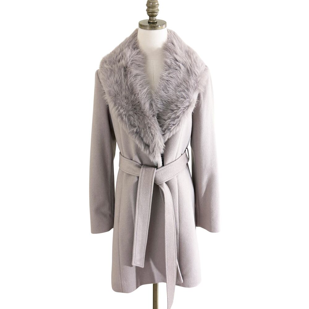 Sofia Cashmere Taupe Wool Overcoat with Shearling Fur Collar Size 6 Belted Waist - Picture 2 of 10